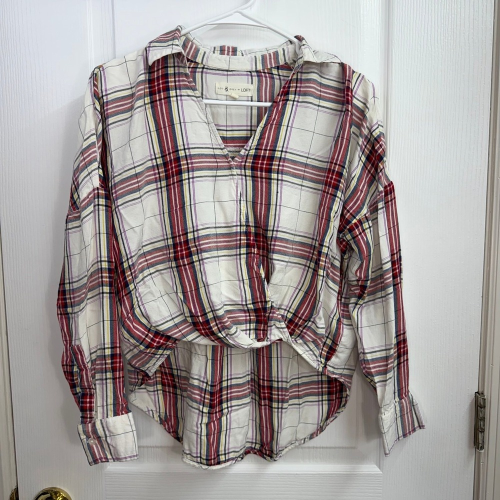 Lou & Grey LOFT red plaid crossover‎ high low cropped collared casual shirt XS